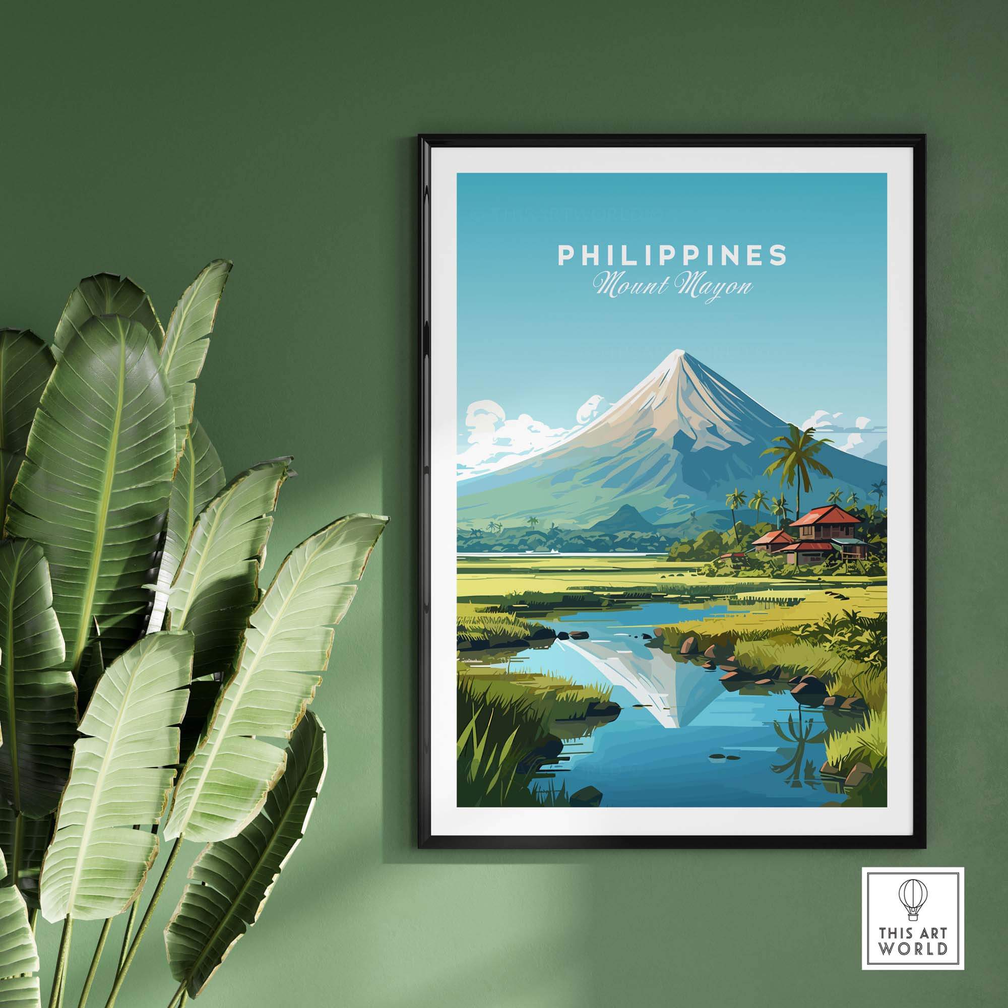 Philippines travel poster featuring Mount Mayon, ideal for adventure lovers and gallery decor, showcasing stunning scenery.