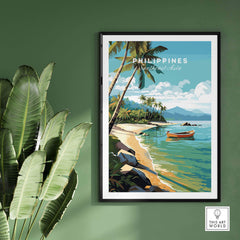 Vibrant Philippines art print showcasing a tropical beach landscape with palm trees and a serene ocean view.