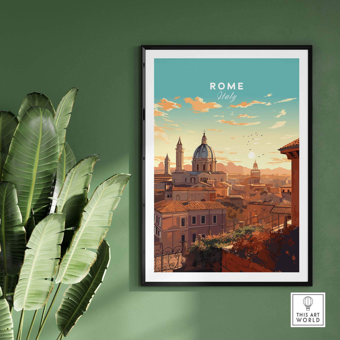Rome Travel Poster in a black frame on green wall with plant. The travel poster shows rome city skyline at sunset. 