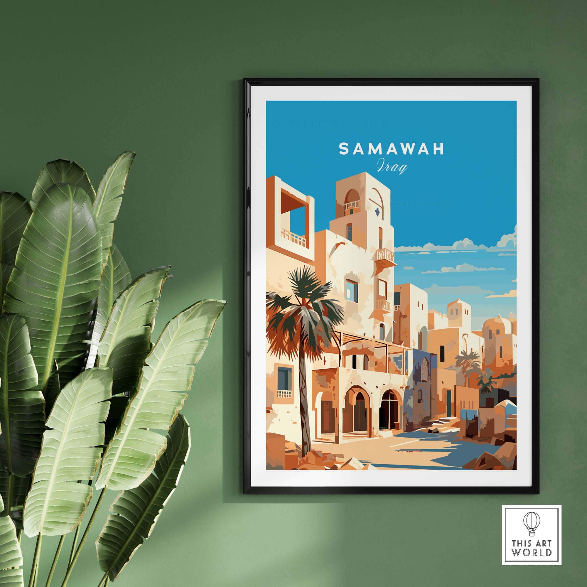 Samawah Iraq travel poster print featuring traditional architecture and palm trees, ideal for wall decor and home styling.