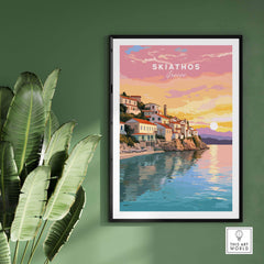 Vibrant Skiathos Greece travel poster print showcasing coastal town and sunset reflections on the Aegean Sea.