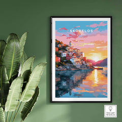 Skopelos Greece travel poster print showcasing a sunset over vibrant houses by the water, framed for home decor.
