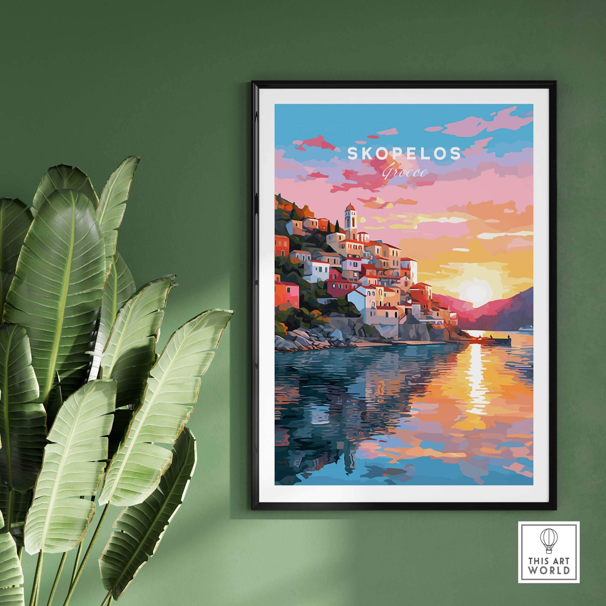 Skopelos Greece travel poster print showcasing a sunset over vibrant houses by the water, framed for home decor.