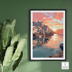 Skyros Greece travel poster print showcasing a vibrant sunset over the island's waterfront and boats.