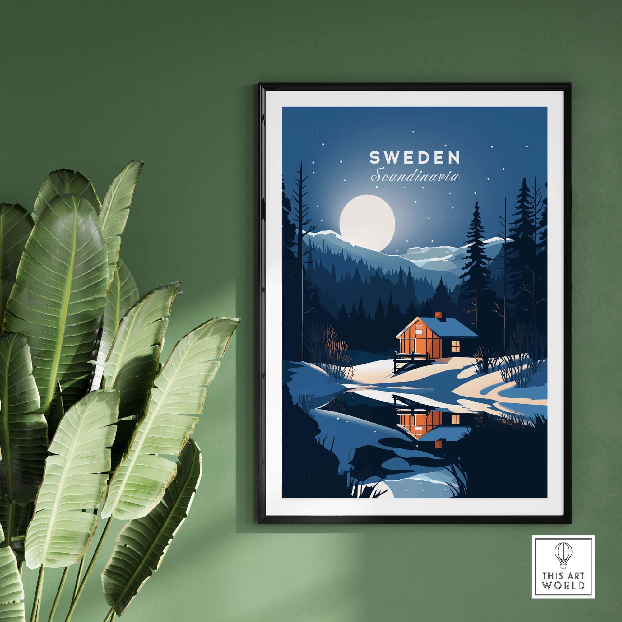 Sweden art print featuring a scenic night landscape with a cabin, framed and showcased against a green wall.