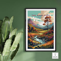 Scottish Highlands wall art featuring vibrant scenery, framed against a green wall with plants, perfect for home decor.