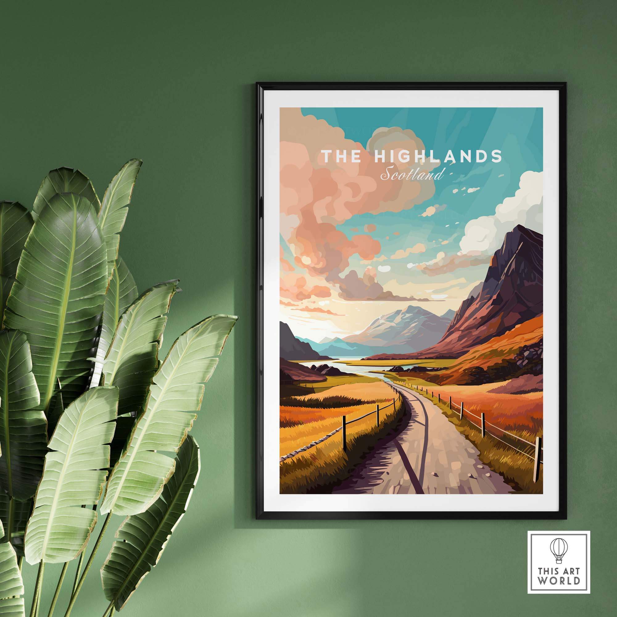 Scottish Highlands art print featuring vibrant landscape and warm tones, perfect for home decor.