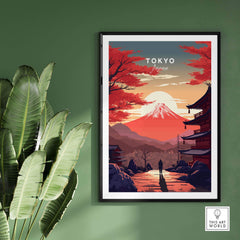 Stunning Tokyo wall art featuring Mount Fuji at sunset, framed and displayed against a green wall.