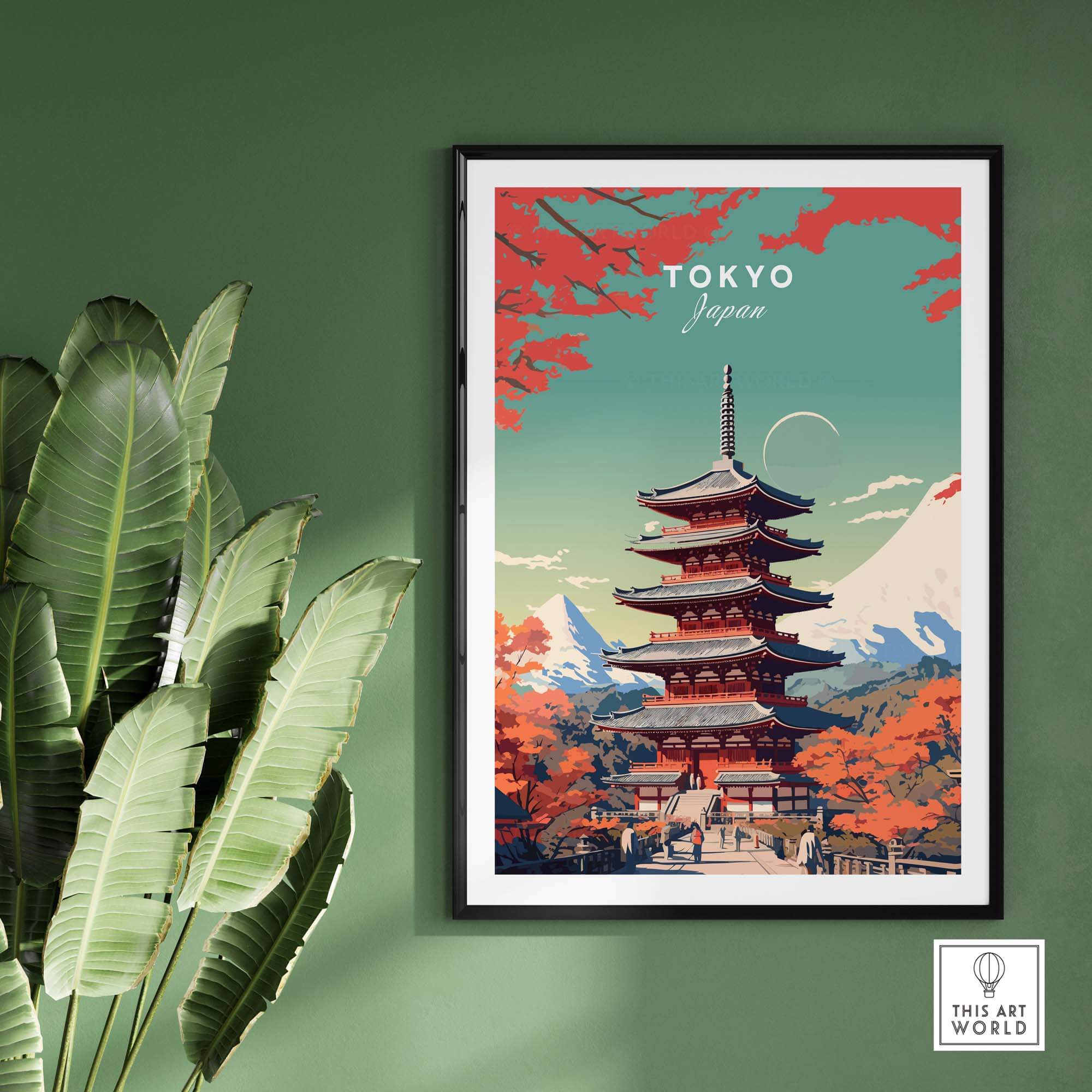 Tokyo Japan poster art featuring a pagoda and vibrant colors, perfect for home decor and celebrating Japanese beauty.