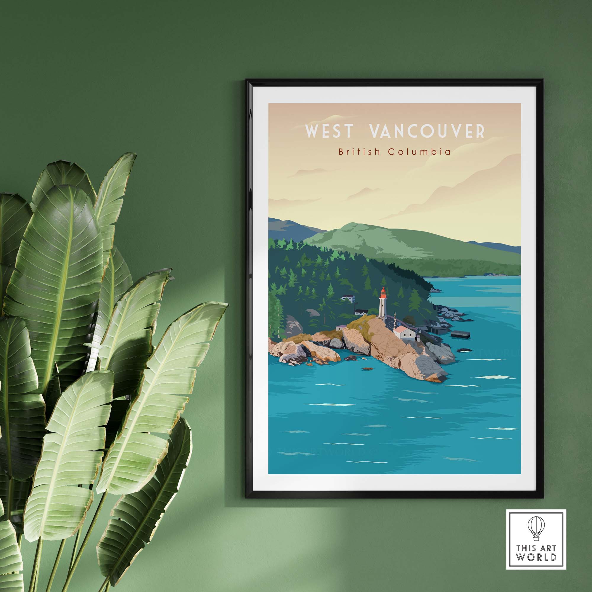 Vibrant West Vancouver BC travel poster print featuring scenic coastline and lighthouse.