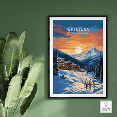 Ski Poster of Whistler with sunset view, capturing the beauty of British Columbia's ski resort, perfect for ski enthusiasts.