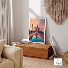 Vibrant Taj Mahal Agra wall art displayed in a cozy living room setting, enhancing home decor.