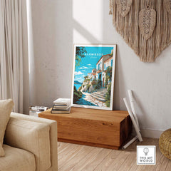 Alonissos Greece travel poster print showcasing beautiful coastal landscapes and charming architecture.