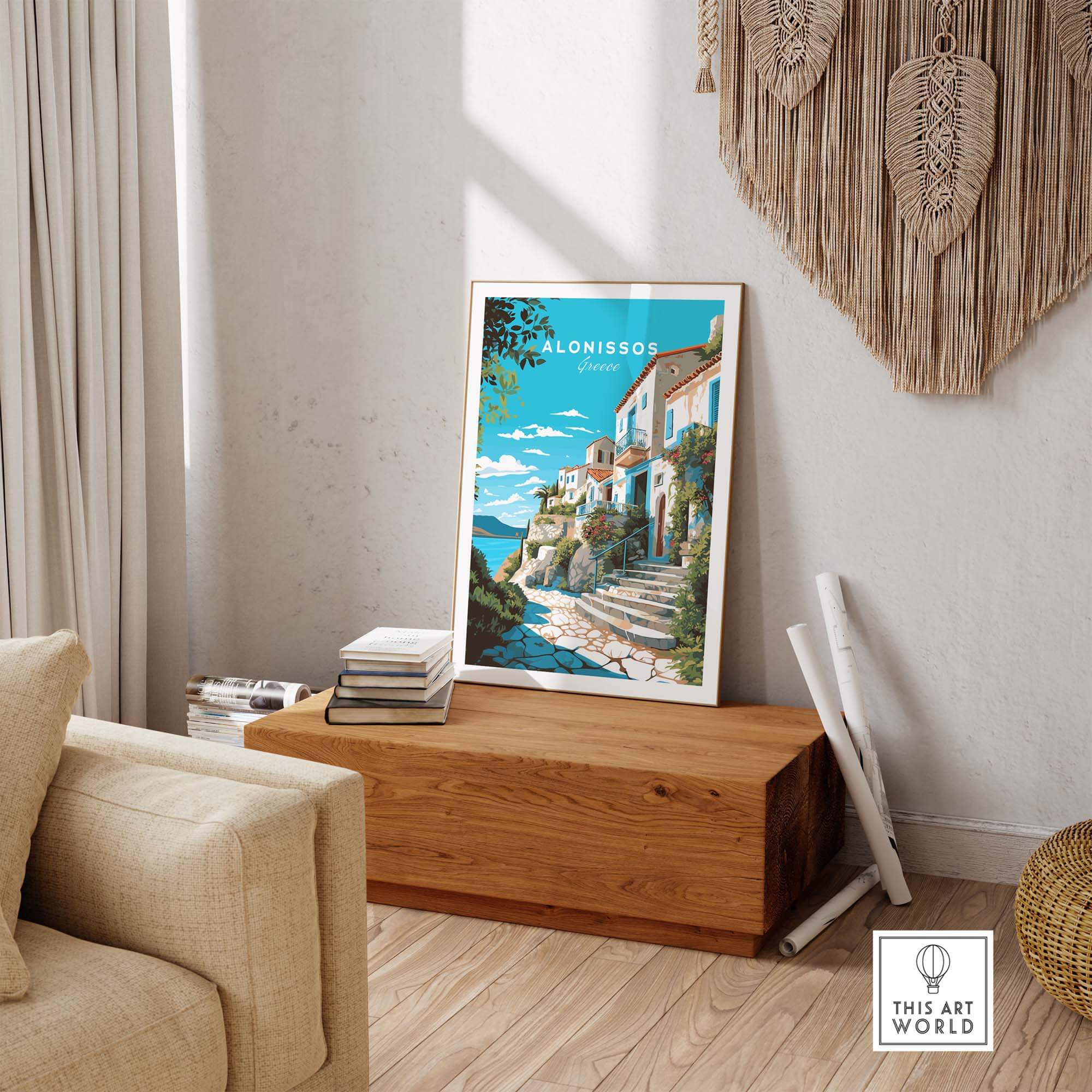 Alonissos Greece travel poster print showcasing beautiful coastal landscapes and charming architecture.