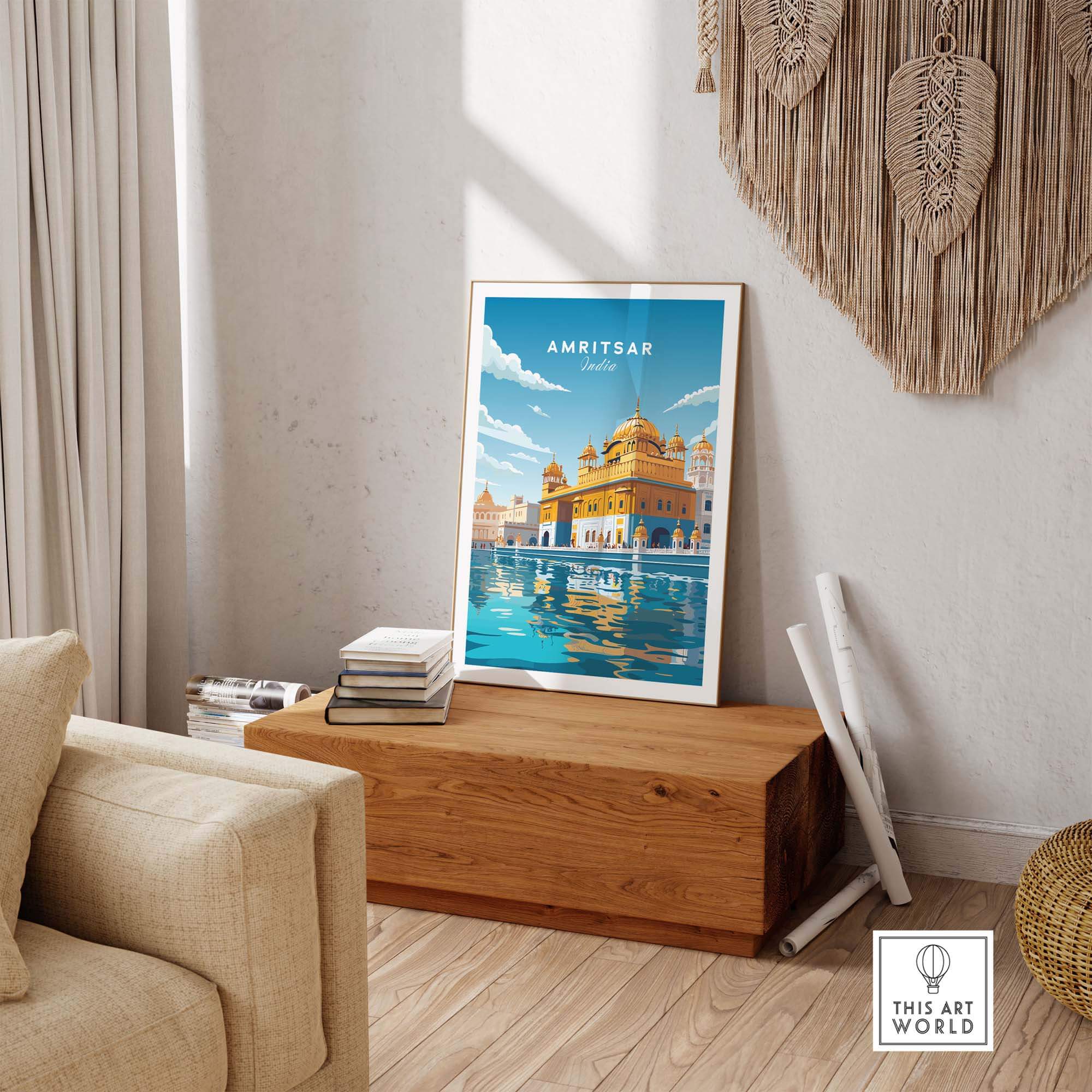 Amritsar India travel poster print showcasing the Golden Temple, ideal for home decor and gifts.