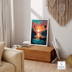 Bali Wall Art featuring a sunset scene with palm trees, perfect for home decor and gifting.