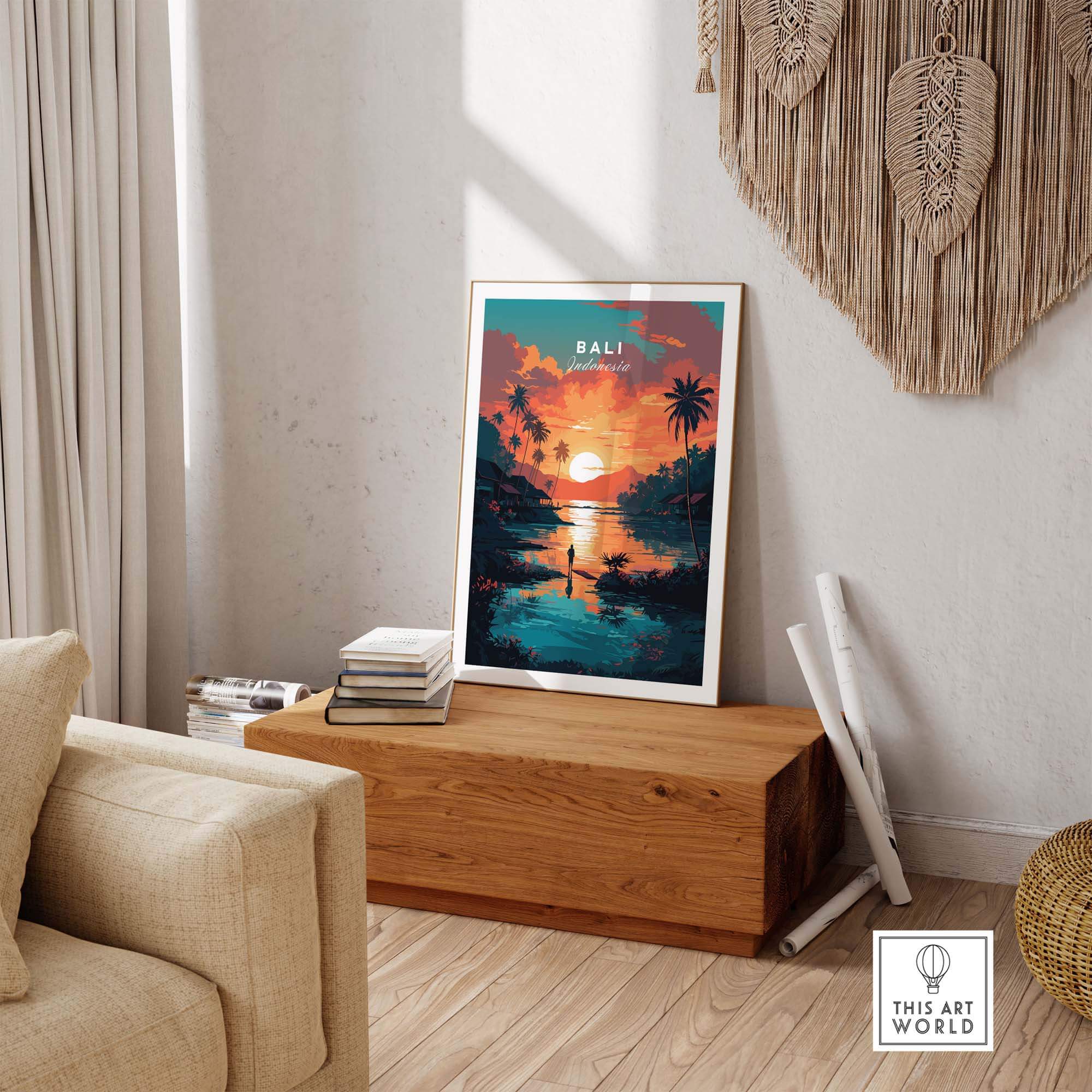 Bali Wall Art featuring a sunset scene with palm trees, perfect for home decor and gifting.