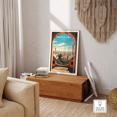 Barcelona Poster of Park Güell, vibrant colors, artistic decor, inspired by Antonio Gaudí's iconic architecture in a stylish living space.