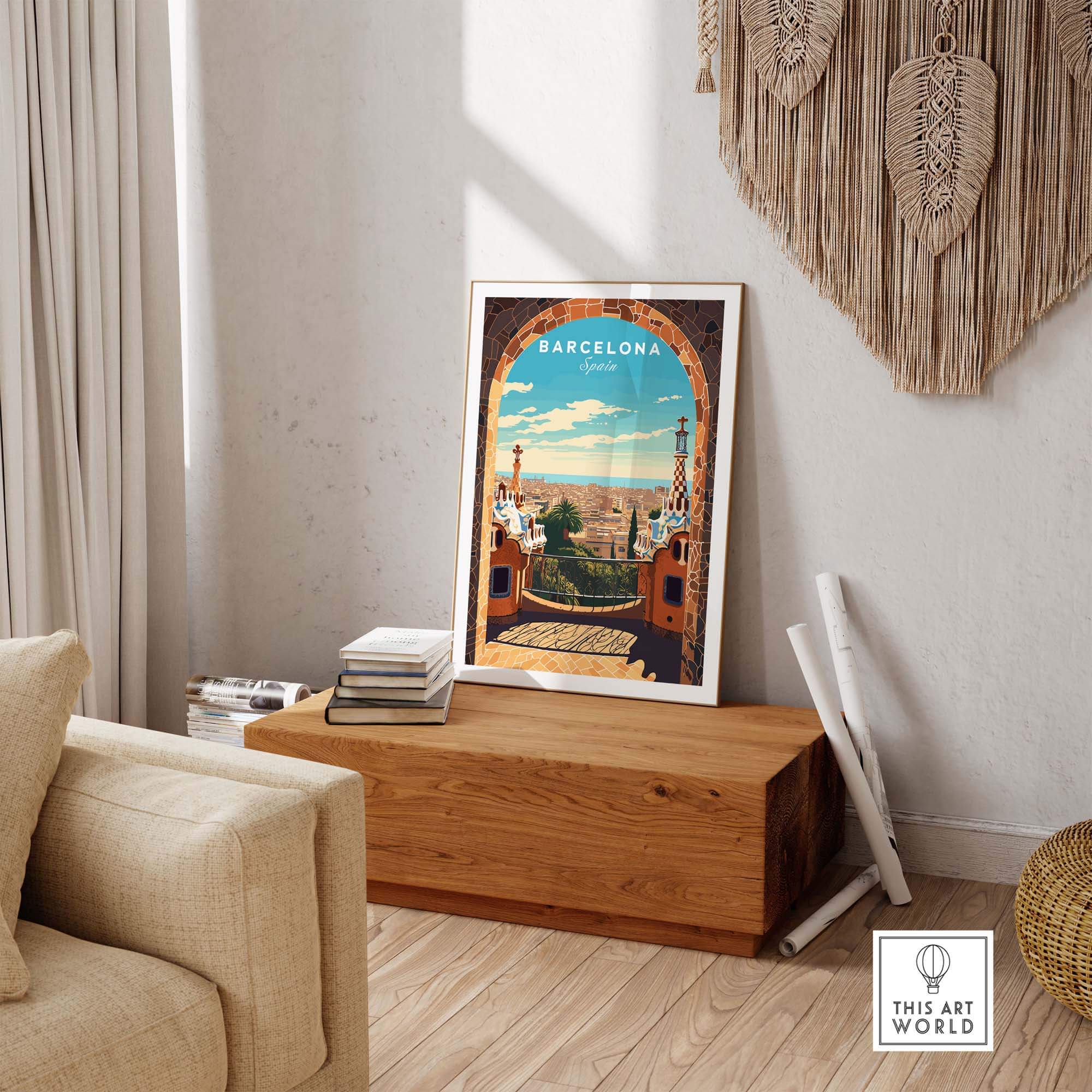 Barcelona Poster of Park Güell, vibrant colors, artistic decor, inspired by Antonio Gaudí's iconic architecture in a stylish living space.