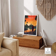 Angkor Wat wall art displayed in a modern living room, capturing the beauty of Cambodia's landscape at sunset.