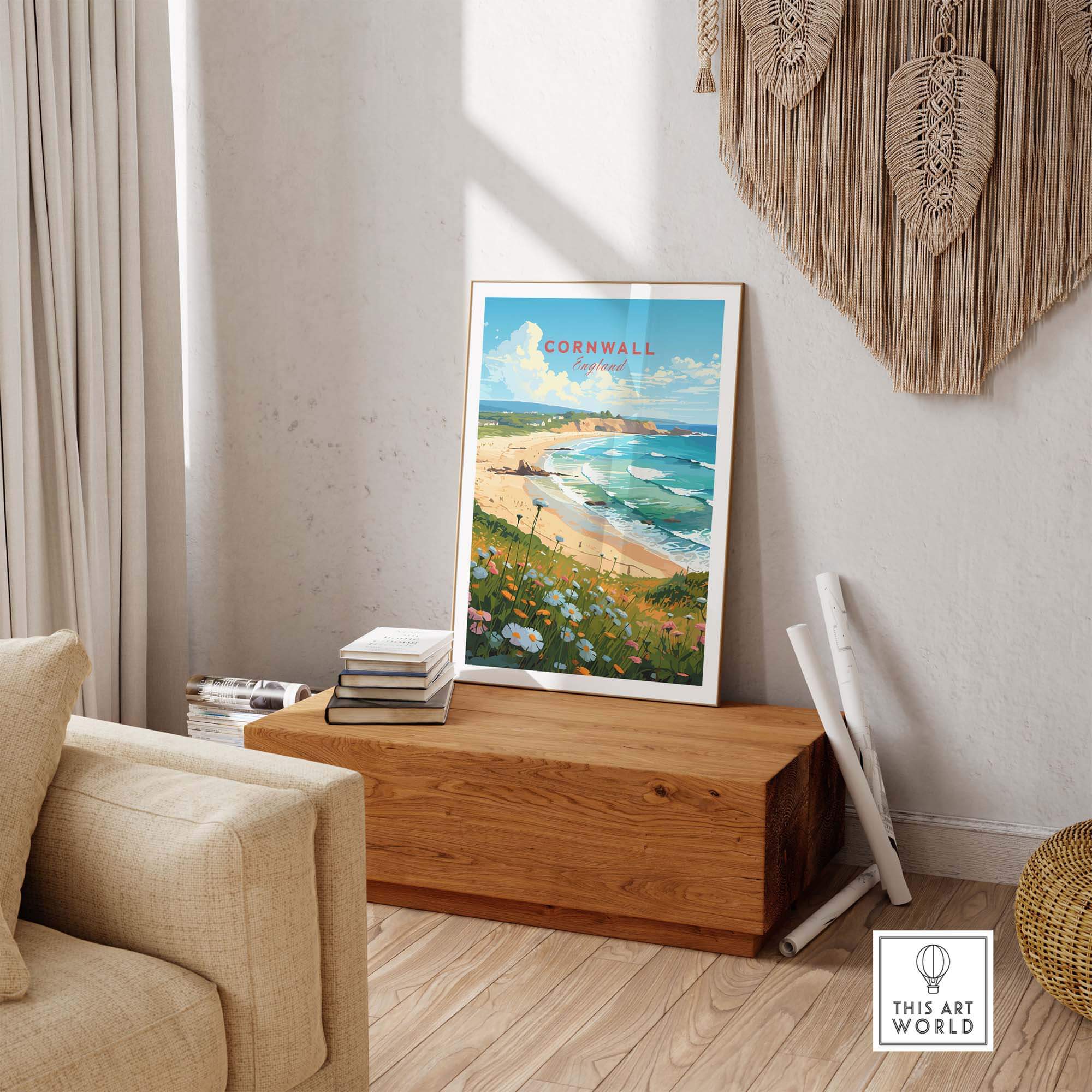 Cornwall art print displayed in a cozy living room, showcasing a beach scene and bright colors.