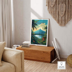 Vibrant Costa Rica print featuring Arenal Volcano and tropical landscapes, perfect for home decor.