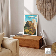 Edinburgh Poster Print displayed in a cozy living room, showcasing Edinburgh Castle wall art.