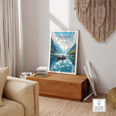 Fjords Wall Art Norway featuring a serene landscape with a red boat on a tranquil lake, enhancing Nordic home décor.