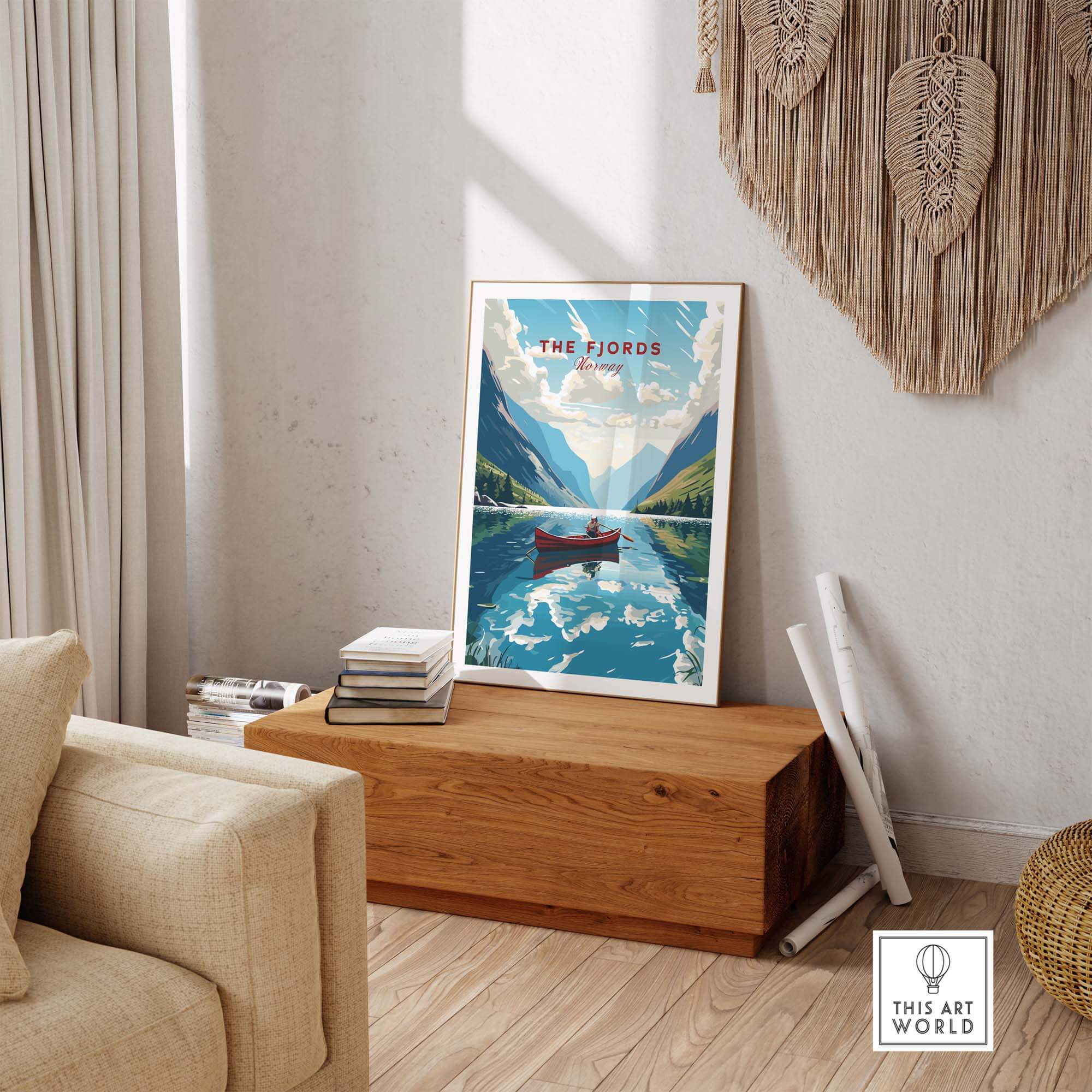 Fjords Wall Art Norway featuring a serene landscape with a red boat on a tranquil lake, enhancing Nordic home décor.