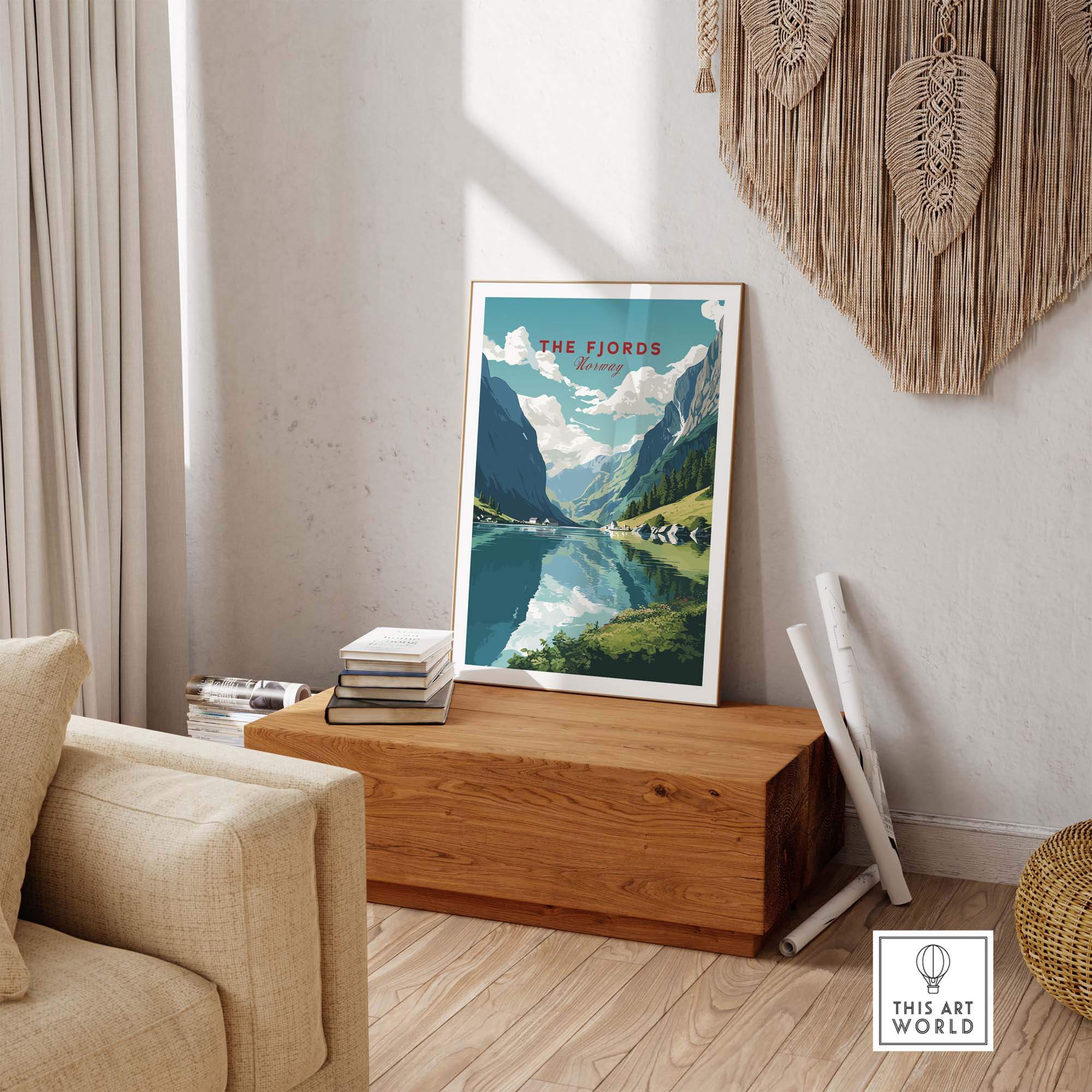 Norway fjords travel poster displayed in a stylish living room, showcasing stunning mountains and serene reflections.