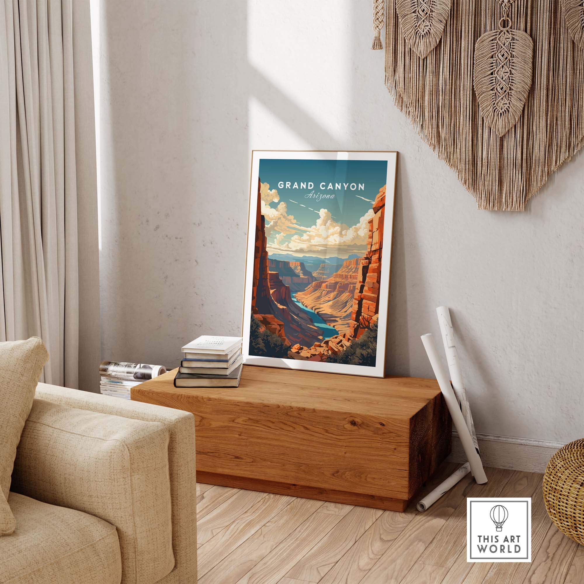Grand Canyon poster displayed in a cozy living room, showcasing Arizona's stunning landscape and rugged beauty.