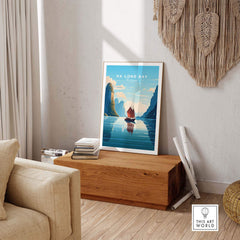 Ha Long Bay poster featuring a junk boat sailing through turquoise waters, perfect for home decor and travel inspiration.