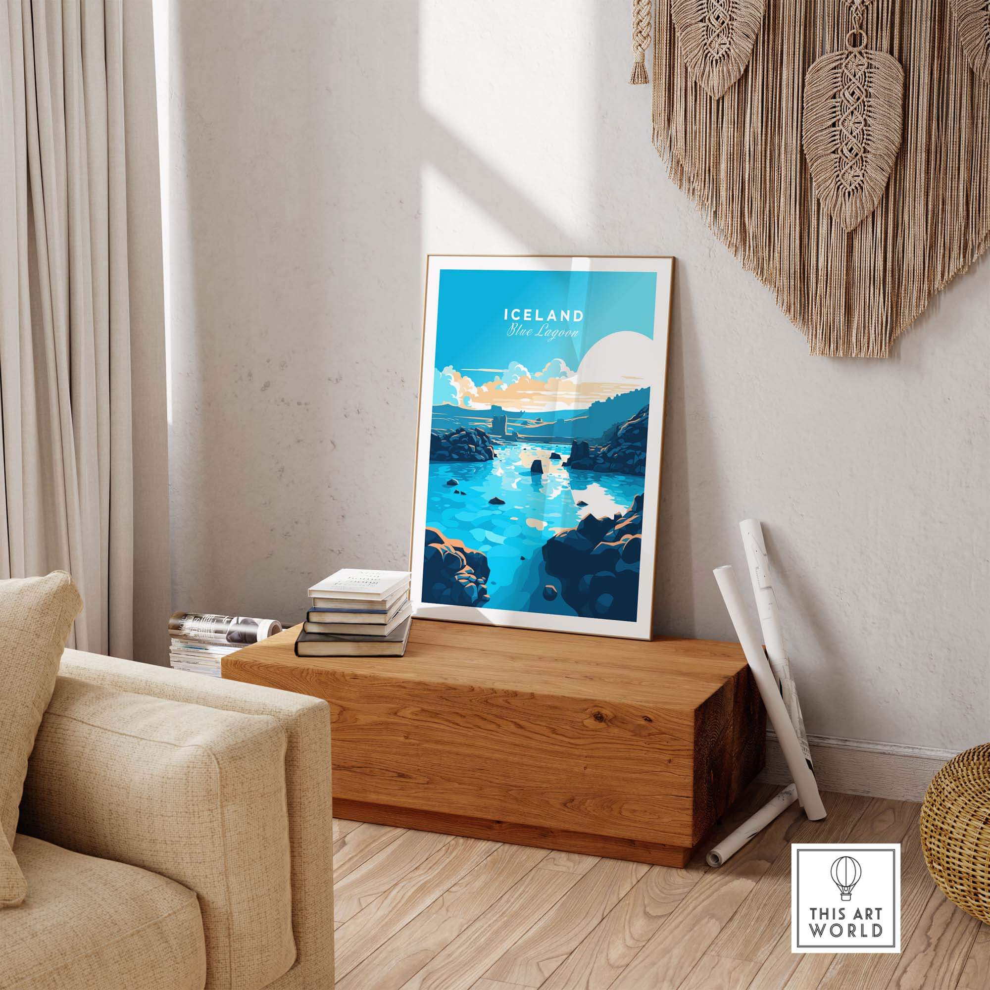 Blue Lagoon Iceland poster displayed in a cozy living room setting, showcasing charming travel memories and vibrant colors.