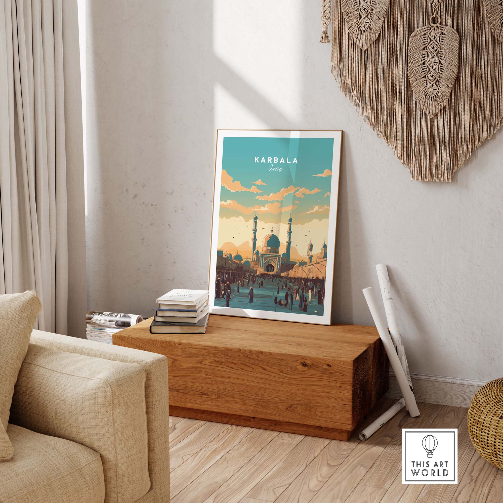 Karbala Iraq travel poster print displayed in a cozy living room with wooden decor and artistic elements.