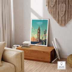 London poster featuring Big Ben in a stylish room setting, showcasing iconic London style and vibrant colors.