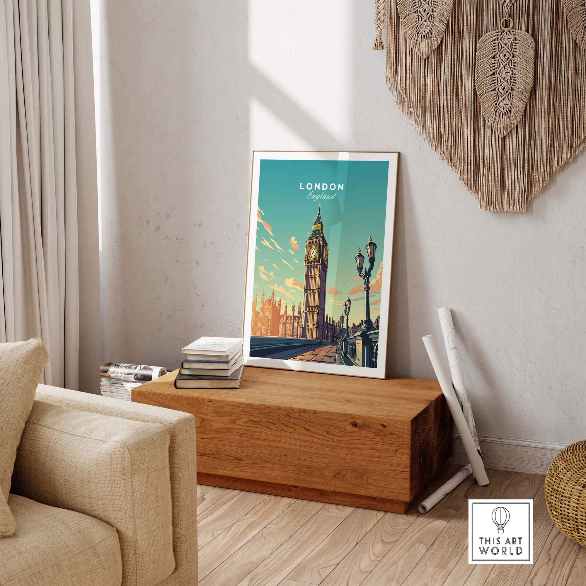 London poster featuring Big Ben in a stylish room setting, showcasing iconic London style and vibrant colors.