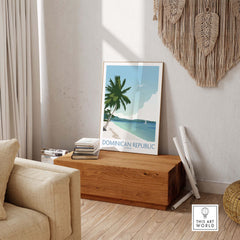 Dominican Republic wall art print with vibrant colors, featuring a palm tree and beach, ideal for home decor.