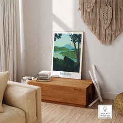 Rwanda Mountain Gorilla wall art print showcasing vibrant colors and nature, perfect for home decor.