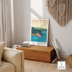 West Vancouver wall art print showcasing a lighthouse and British Columbia's nature in a stylish interior setting.