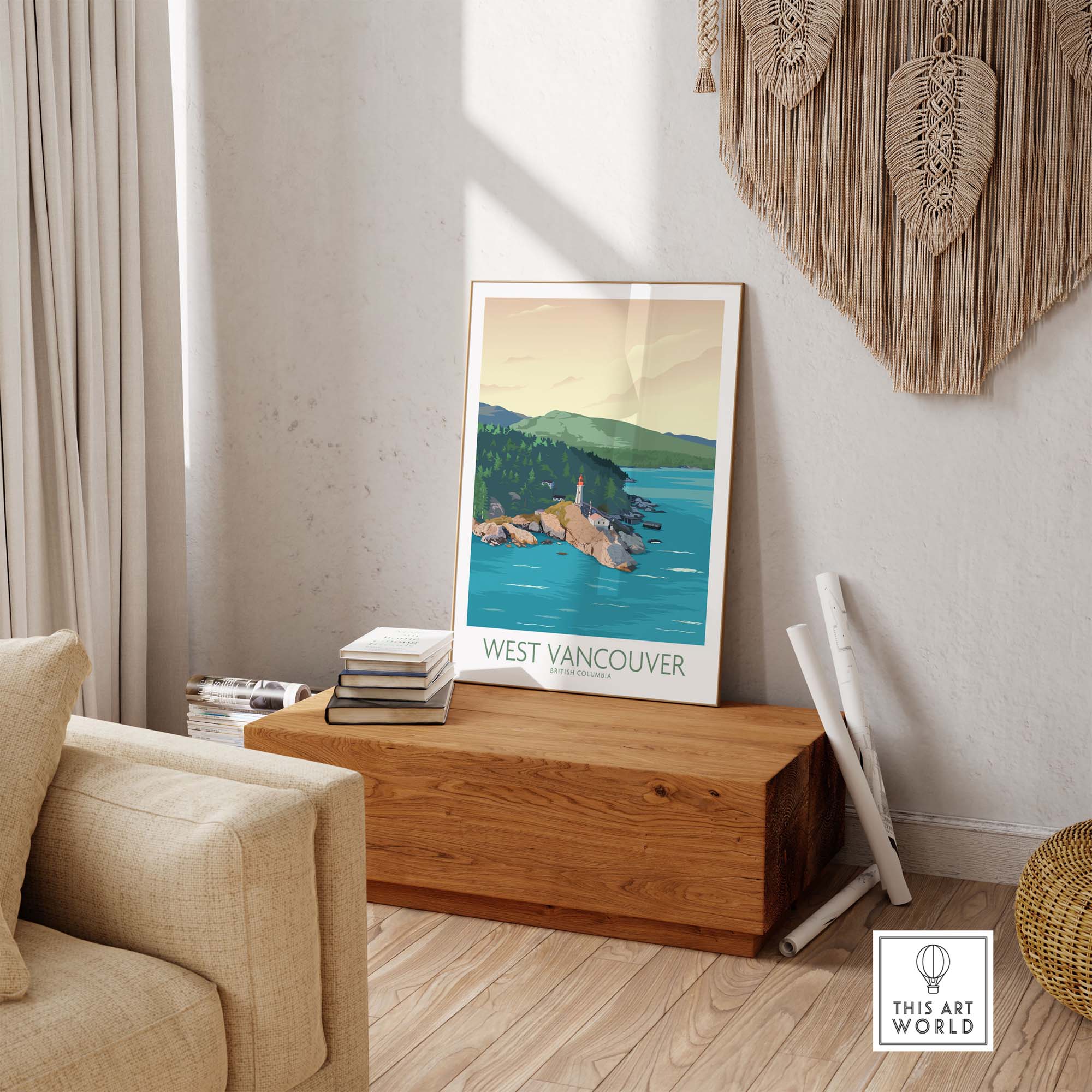 West Vancouver wall art print showcasing a lighthouse and British Columbia's nature in a stylish interior setting.