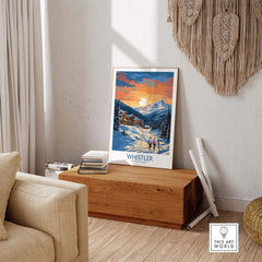 Whistler Print poster displayed in a cozy living room, capturing the beauty of Whistler's ski resort scenery.