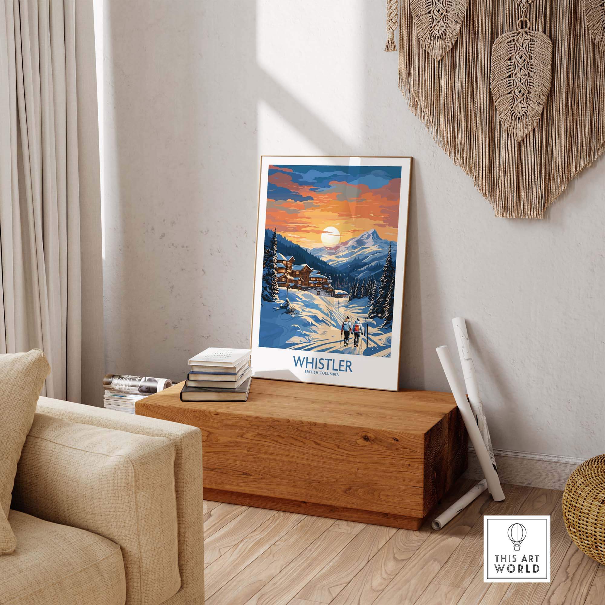 Whistler Print poster displayed in a cozy living room, capturing the beauty of Whistler's ski resort scenery.