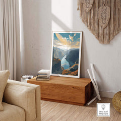 Fjord Wall Art Print showcasing majestic Norway fjord scenery in a stylish home setting.