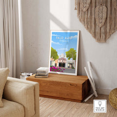 Palo Alto California travel poster print featuring the iconic Stanford theatre, stylish wall art for home decor.