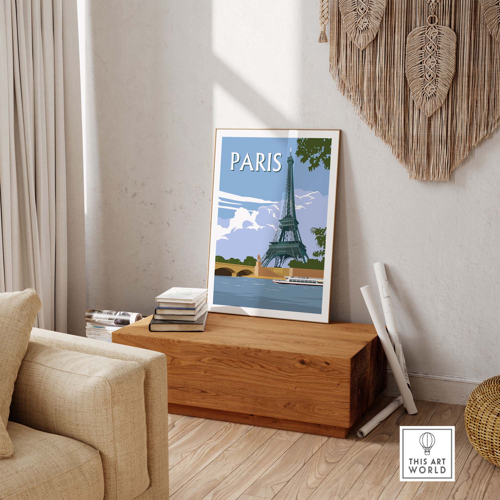 Eiffel Tower travel poster displayed in a modern living room setting with wooden decor and cozy furnishings.