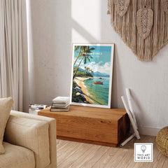 Vibrant Philippines Art Print depicting beaches and boats, ideal for tropical decor and beach-themed rooms.