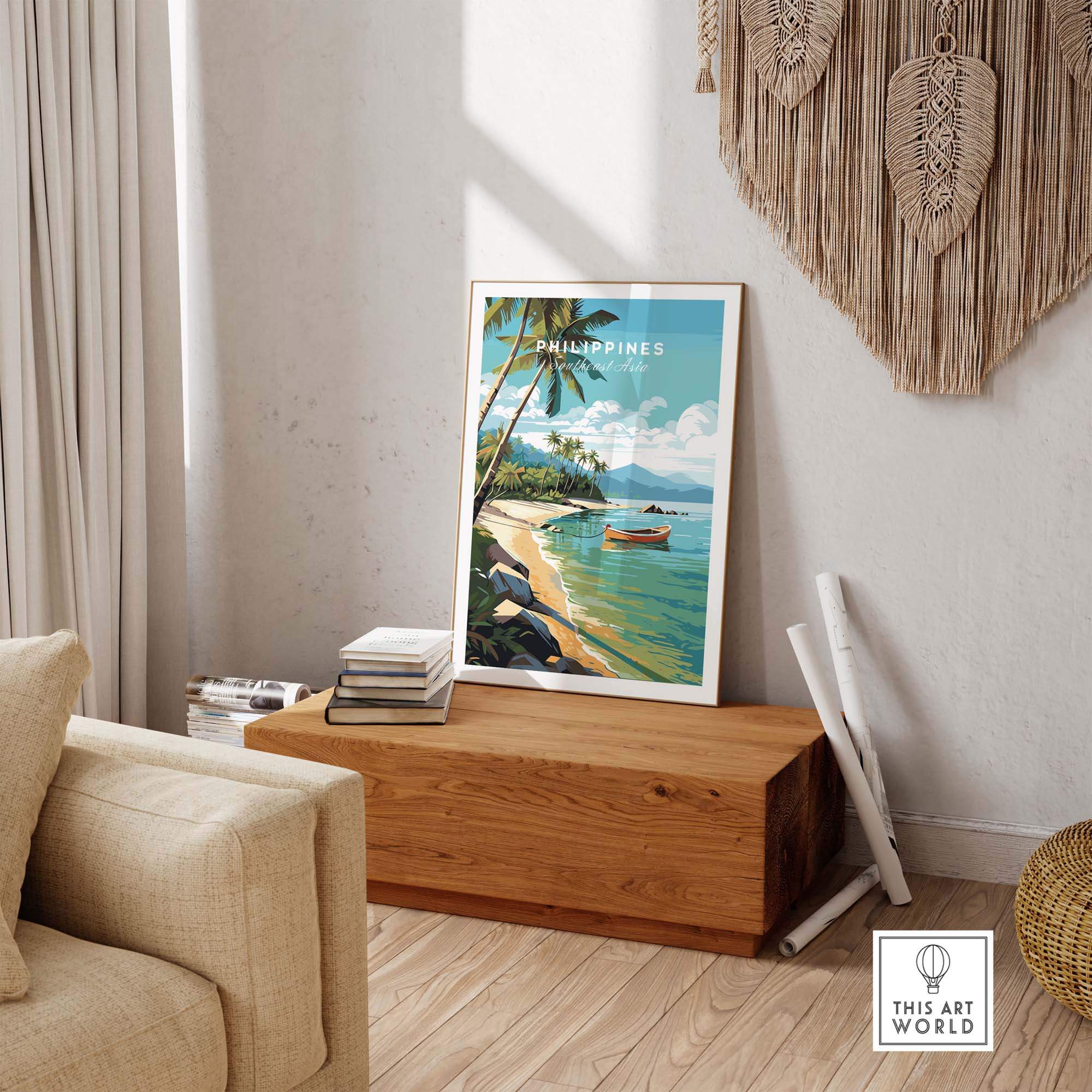 Vibrant Philippines Art Print depicting beaches and boats, ideal for tropical decor and beach-themed rooms.