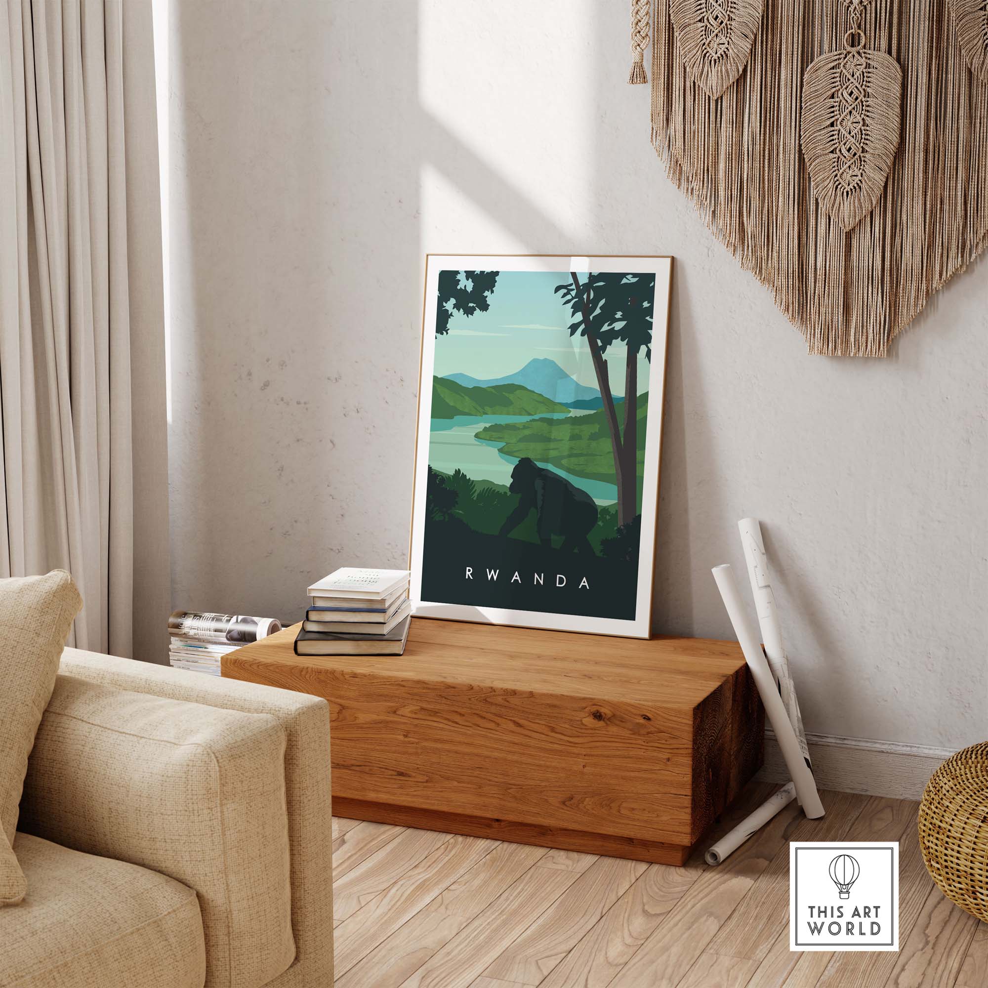 Rwanda travel poster print featuring mountain gorillas and scenic landscapes, ideal for safari-inspired decor.