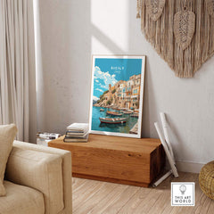 Sicily Wall Art Print featuring a serene harbor scene with boats and colorful buildings, adding Italian charm to any room.