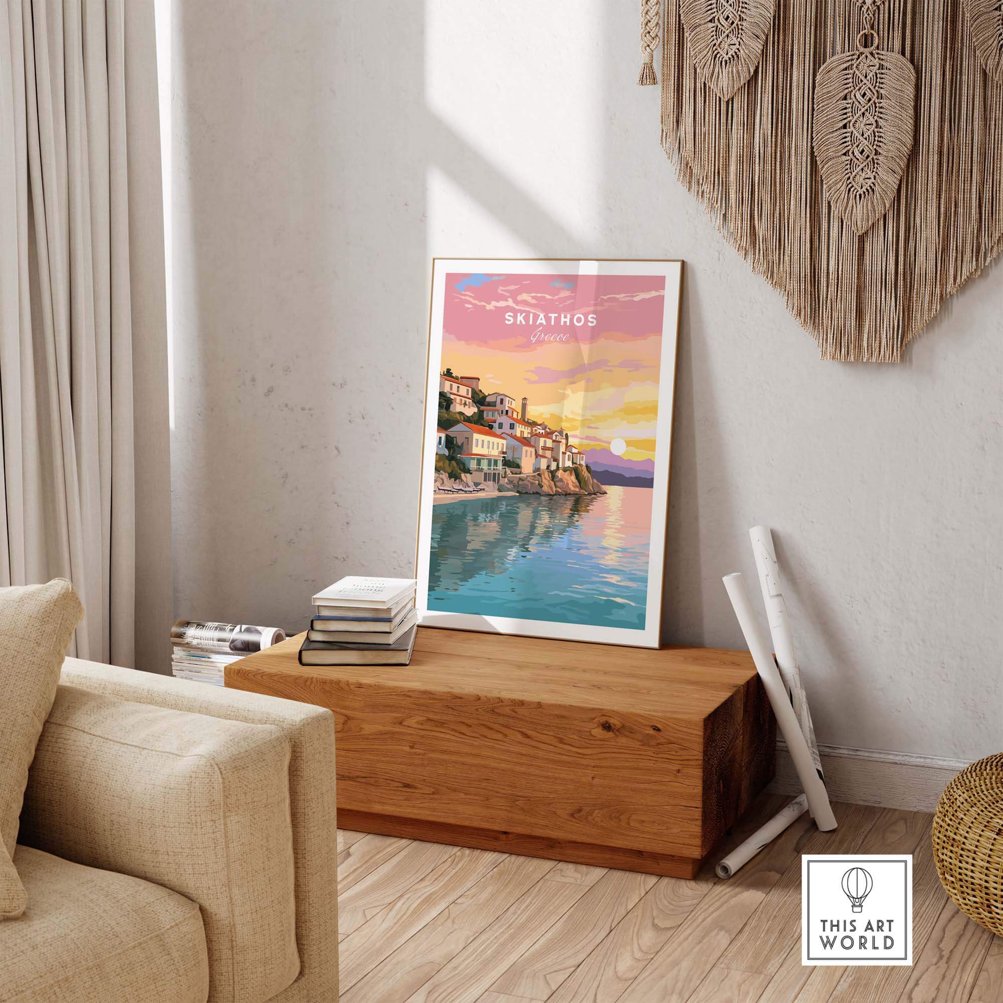 Skiathos Greece travel poster print displayed in a cozy living room with natural light.